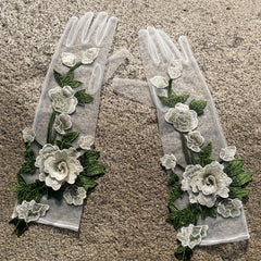 3D Floral Bridal Wedding Dress Gloves Ivory Mesh Flowers Holiday Accessory