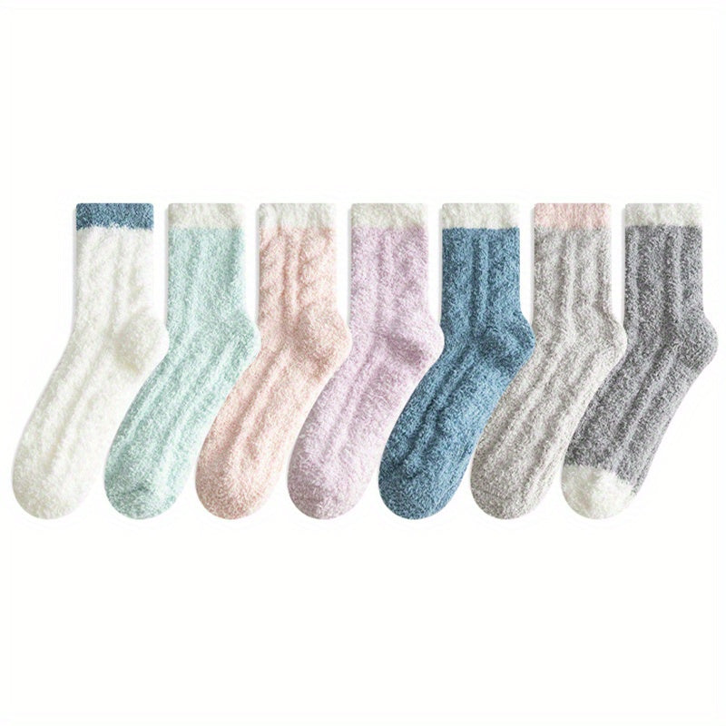7 Pairs Colorblock Fuzzy Socks Soft & Warm Women's Stockings