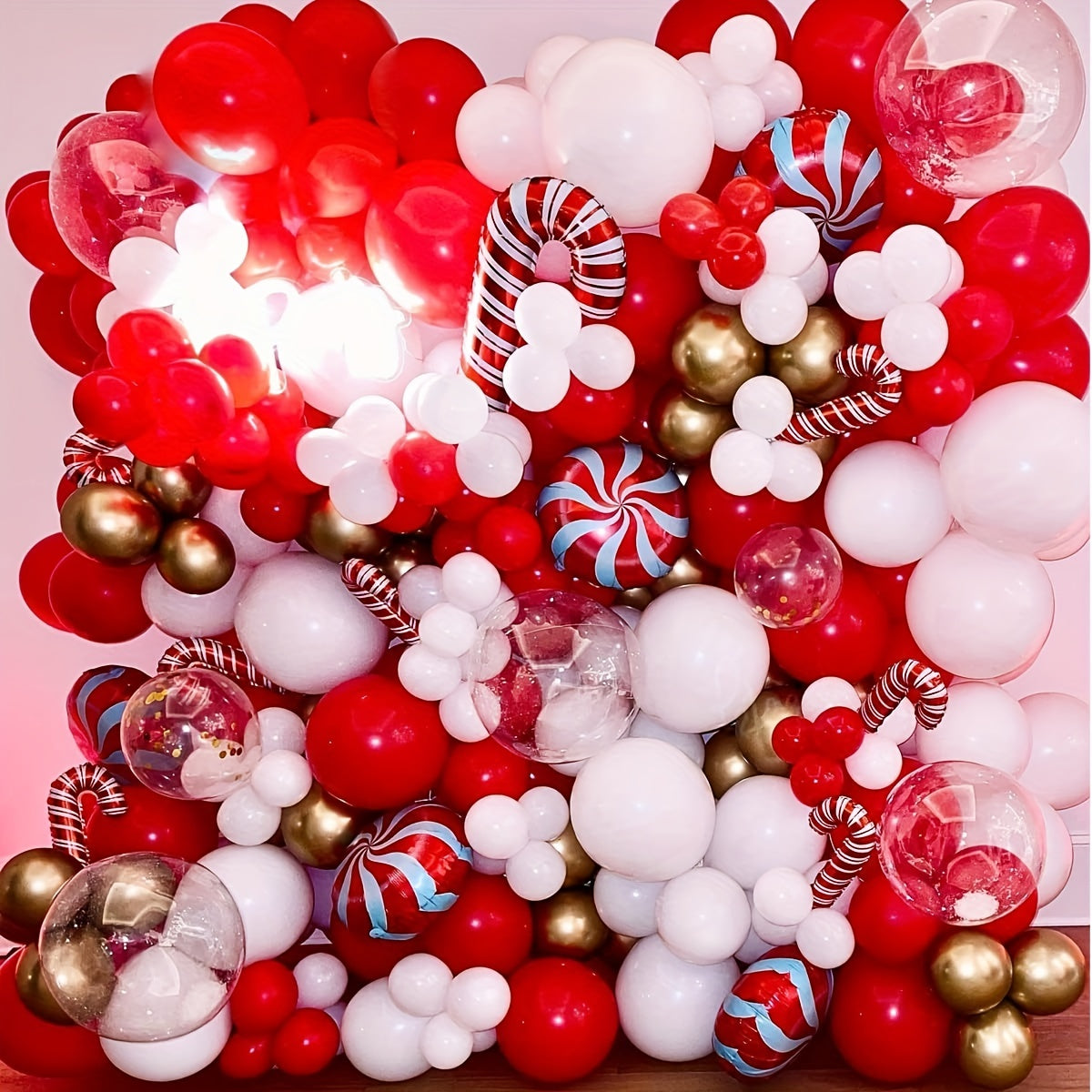 142pcs Christmas Balloon Arch Garland Kit - Red Golden Candy Cane Balloons
