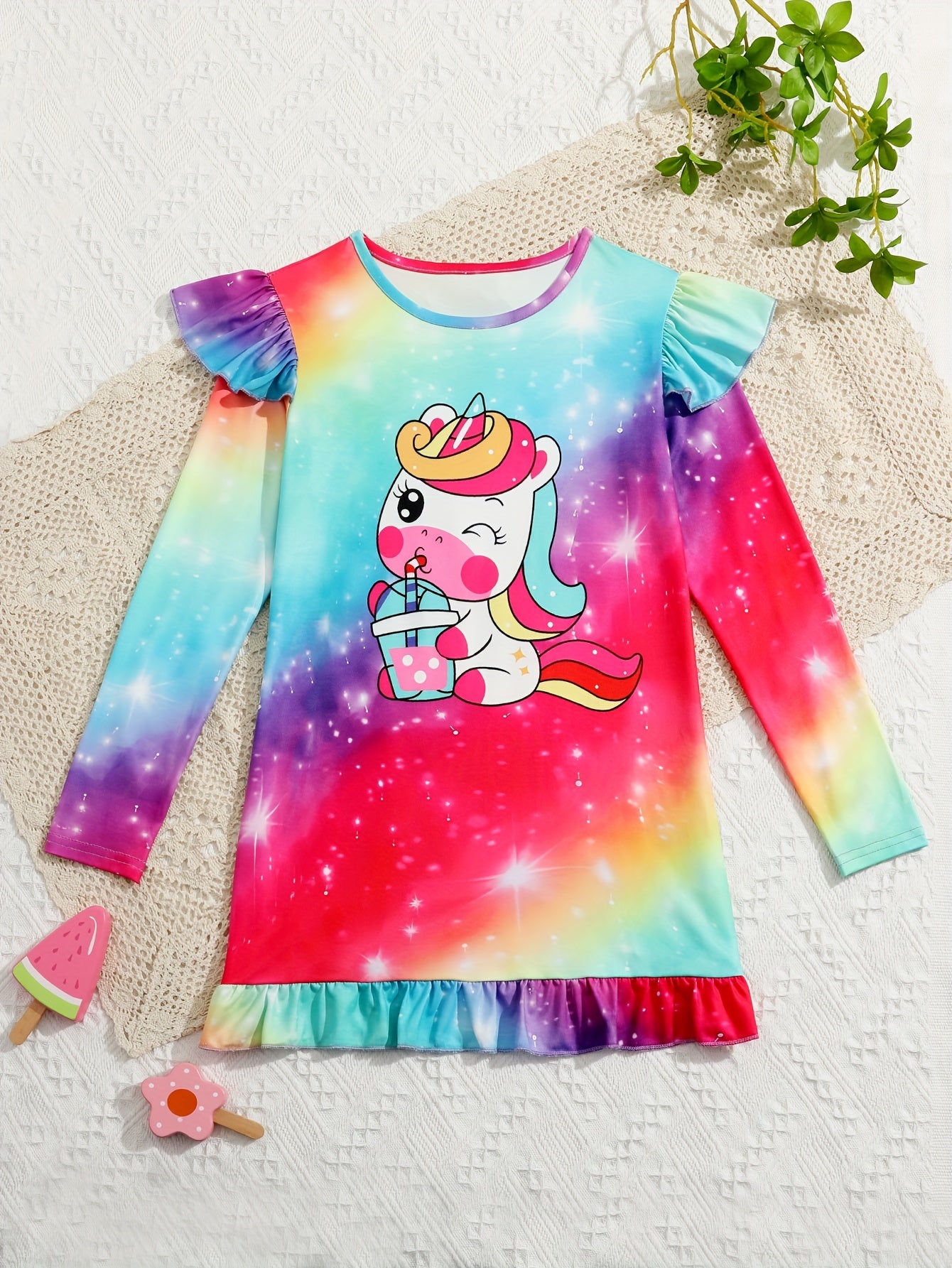 Girls Unicorn Print Flutter Trim Dress Spring Fall Christmas Gift
