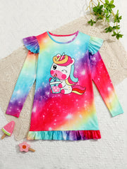 Girls Unicorn Print Flutter Trim Dress Spring Fall Christmas Gift