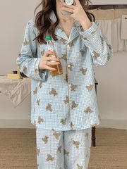 Bear Print Lounge Set Long Sleeve Top & Plaid Pants Women's Loungewear