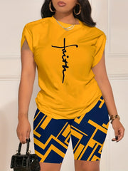 Women's Plus Cross Print Tee & Leopard Shorts Outfit Set