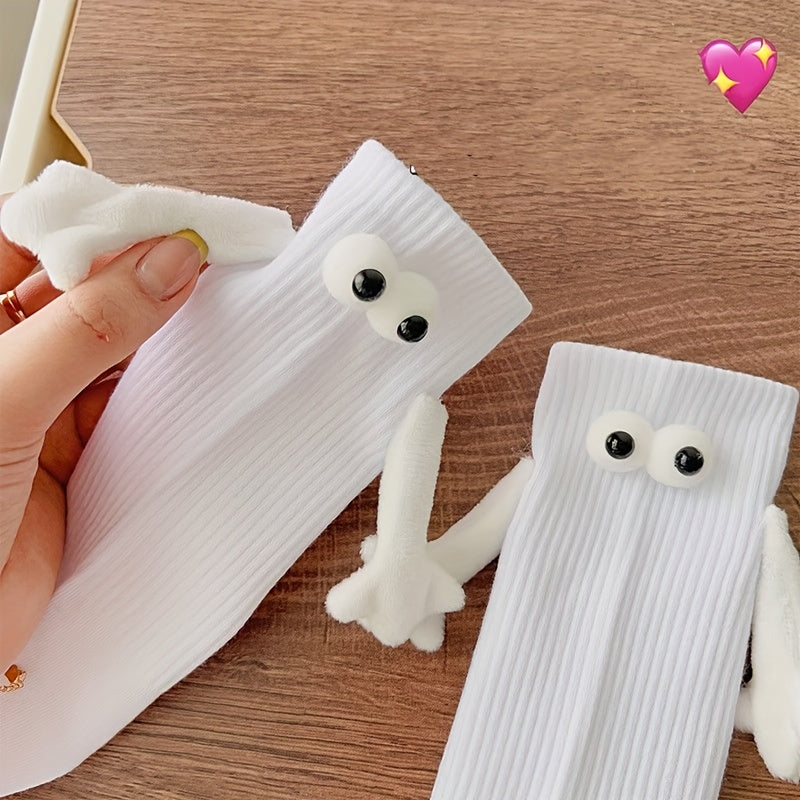 2 Pairs Hand In Hand & Cartoon Eyes Decor Socks Women's Stockings