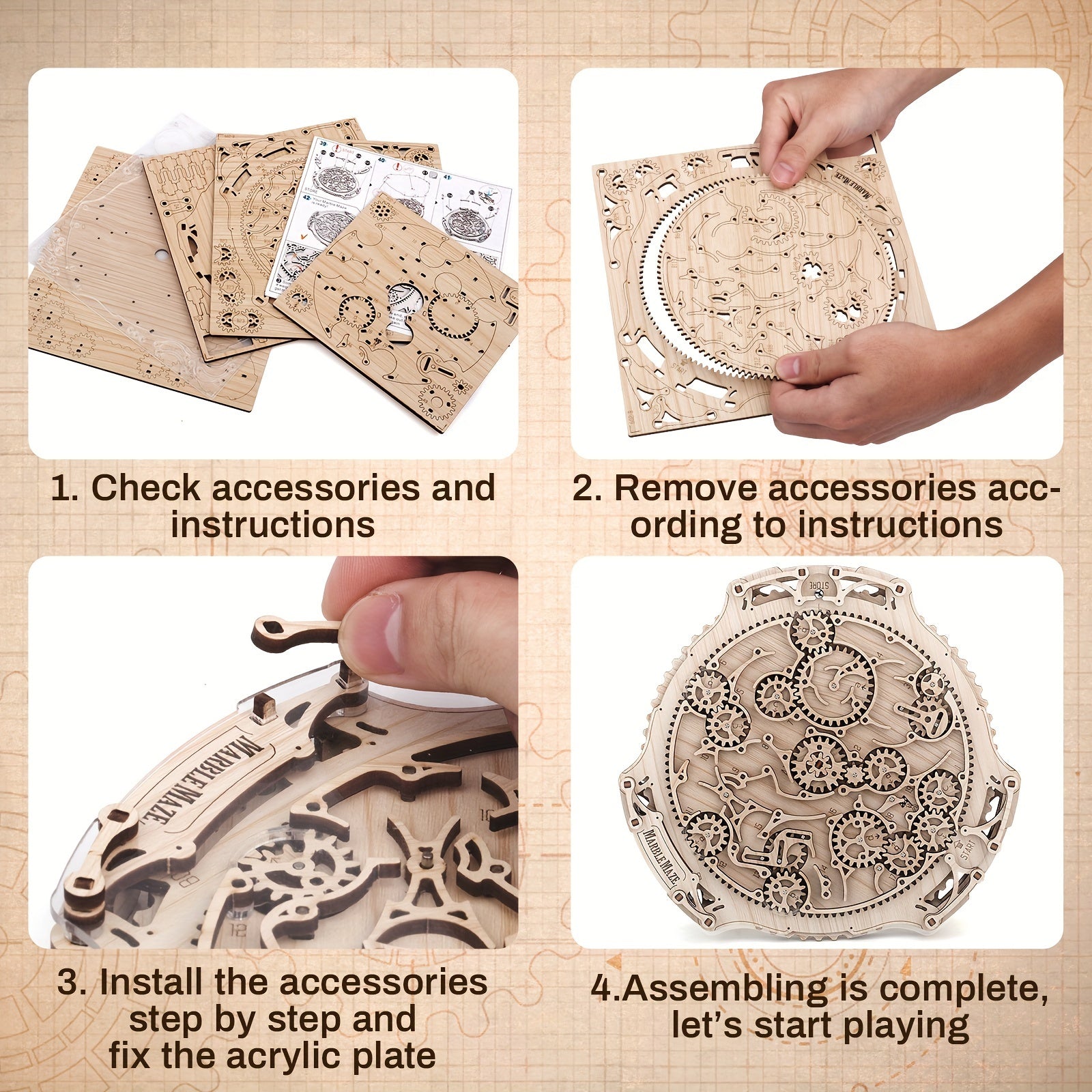 BTEC 3D Wooden Gear Maze Puzzle Kit DIY Marble Run Wood Model Building Set