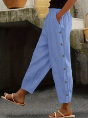 Solid Side Breasted Cropped Pants Casual Pocket Elastic Waist Pants