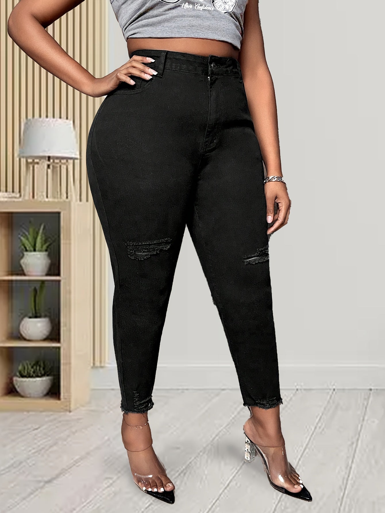 Ripped Fringe High Rise Skinny Jeans