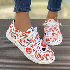 Heart & Lip Print Canvas Shoes Breathable Lace-up Flats