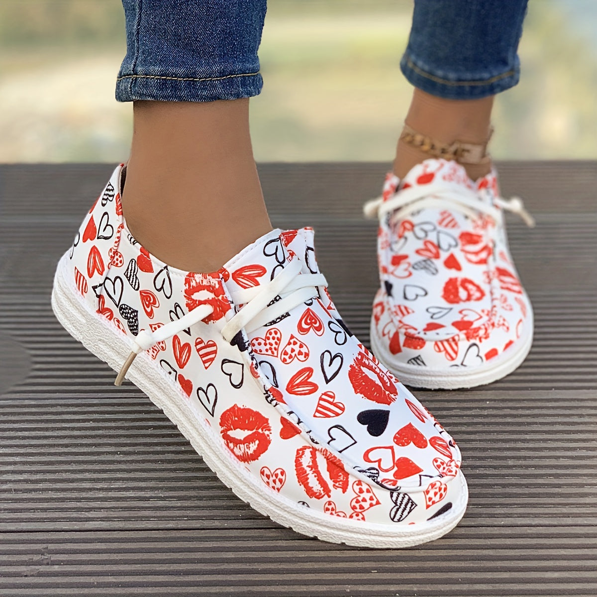 Heart Pattern Flat Sporty Loafers Shoes Casual Non Slip Boat Shoes