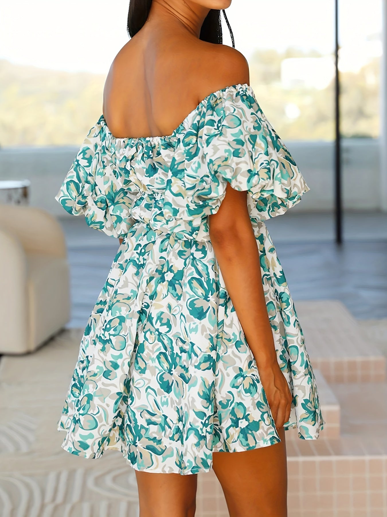 Floral Puff Sleeve Dress Off Shoulder Summer Casual