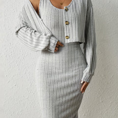 Ribbed Slim Two piece Dress Set Button Front Crop Cardigan & Skinny Tank Dress