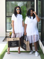 Contrast Mesh Short Sleeve Round Neck Layered Smock Maxi Dress