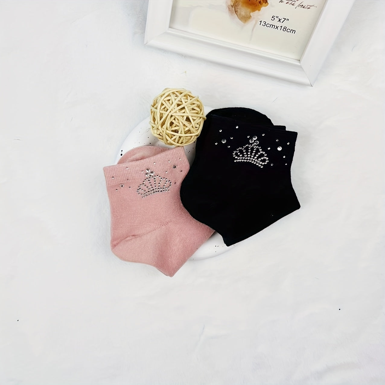 5 Pairs Crown Rhinestone Crew Short Socks Women's Stockings