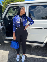 Embroidered Jacket Baseball Collar Crop Top