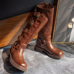 Women's Retro Knee High Buckle Strap Chunky Heeled Boots