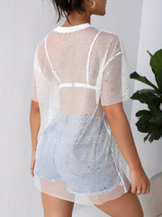 Solid Star Pattern Cover Up Shirt Mesh Top Women's Swimwear