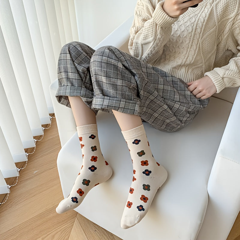5 Pairs Floral & Plaid Print Socks Women's Mid Tube Stockings
