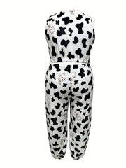 Women's Plus Size Cow Print Flannel Crop Tank Top & Joggers Pajamas Set