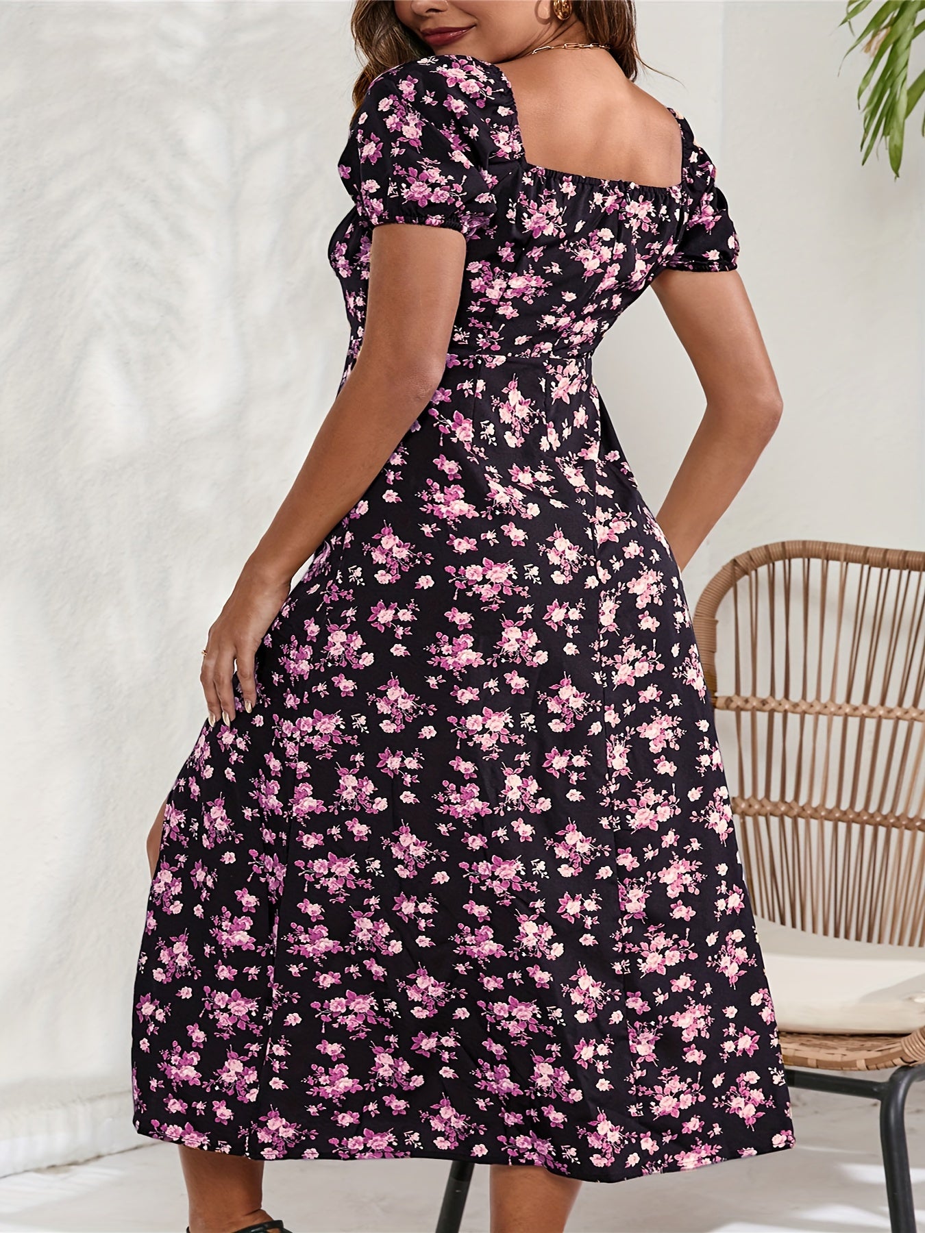 Sexy Dress Women's Plus Allover Floral Print Puff Sleeve Summer Dress