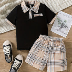 Boys Casual Outfit Polo Shirt & Plaid Shorts For Summer Kids