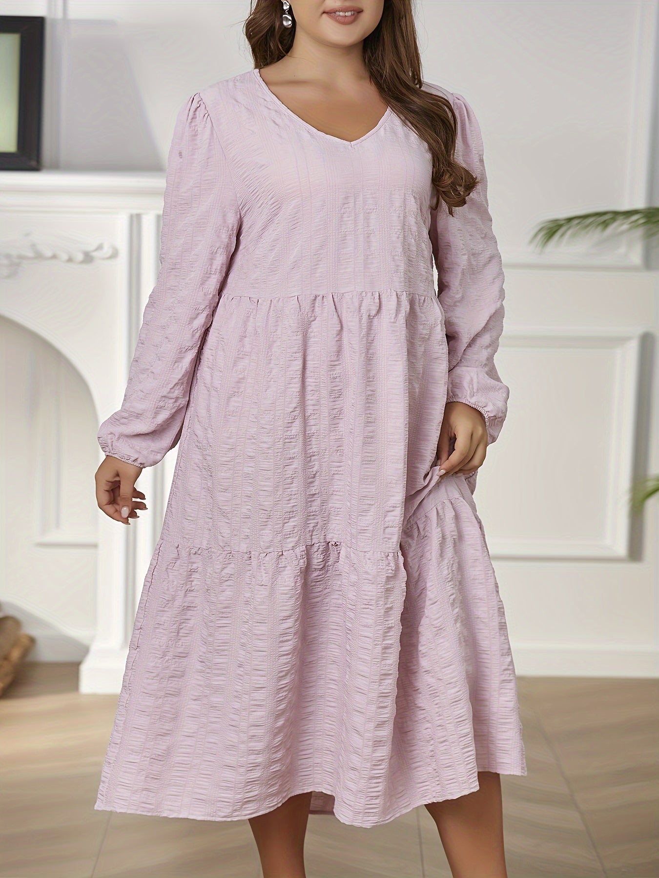 Solid Long Sleeve V Neck Midi Dress