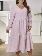 Solid Long Sleeve V Neck Midi Dress
