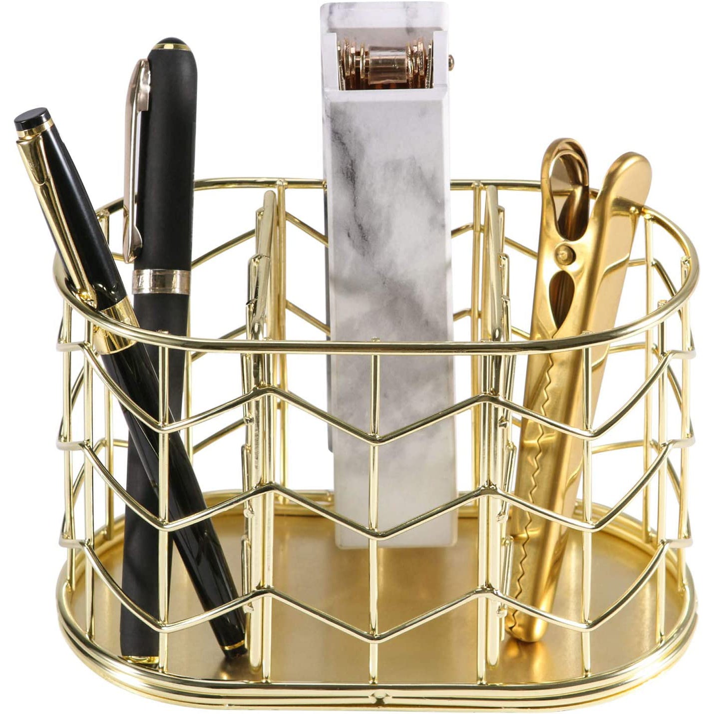 Golden Metal Pencil Holder 3 Compartment Desk Organizer