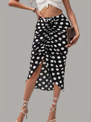 Polka Dot Print Casual Ruched Drawstring Bag Hip Skirt