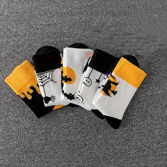 5 Pairs Skull & Bat Print Halloween Crew Socks Women's Stockings
