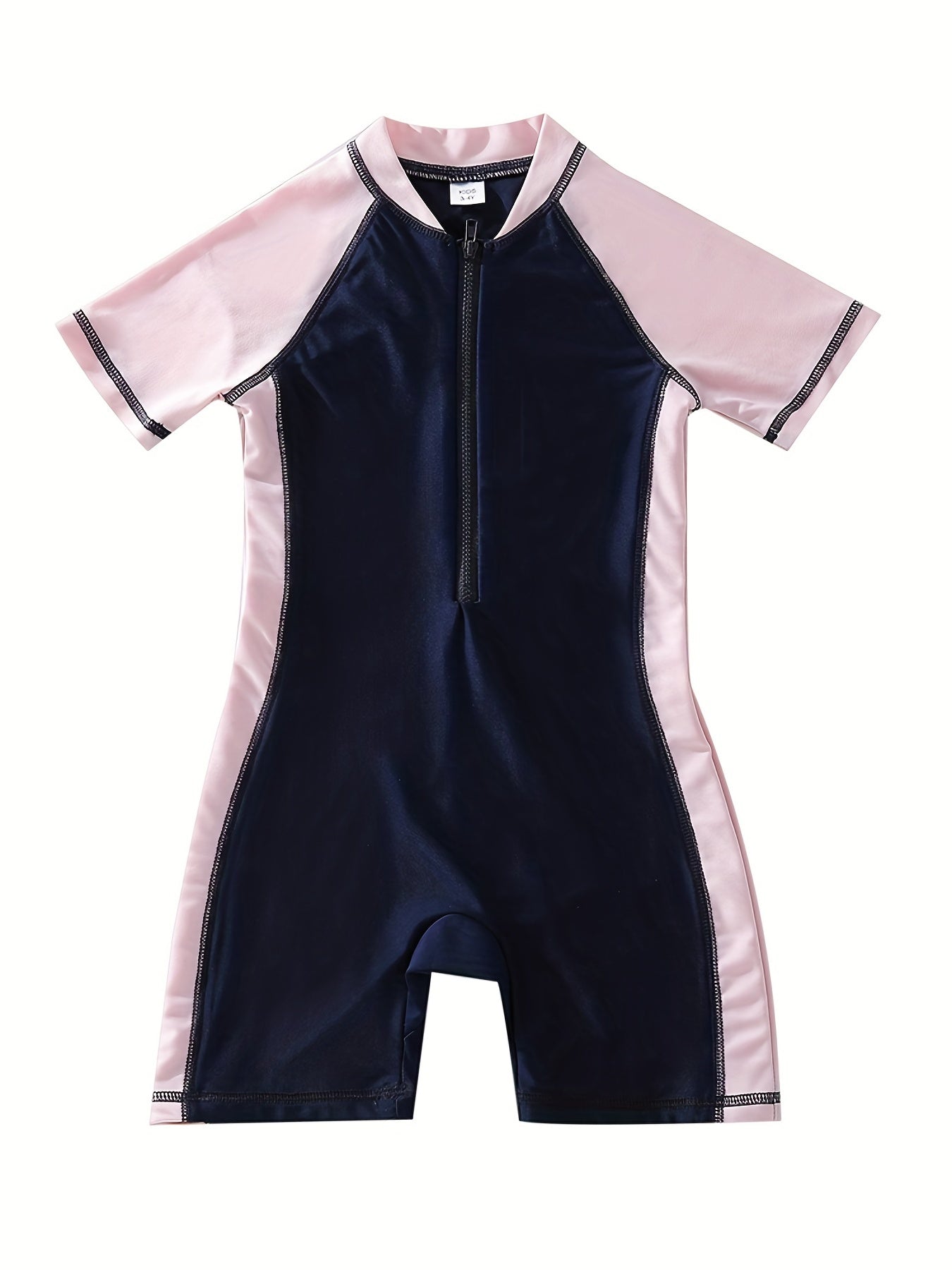 Toddler Girls Block Zipper Short Sleeve Stand Collar Swimsuit