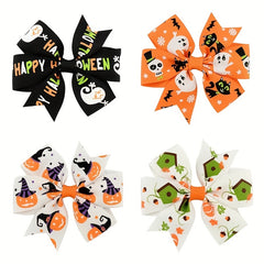 12pcs Halloween Bow Hair Clips Pumpkin Bat Print Hair Accessories For Baby Girls