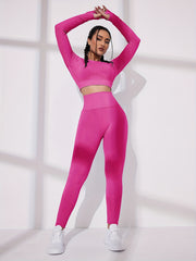 Women's Solid Long Sleeve Yoga Set for Fitness and Running