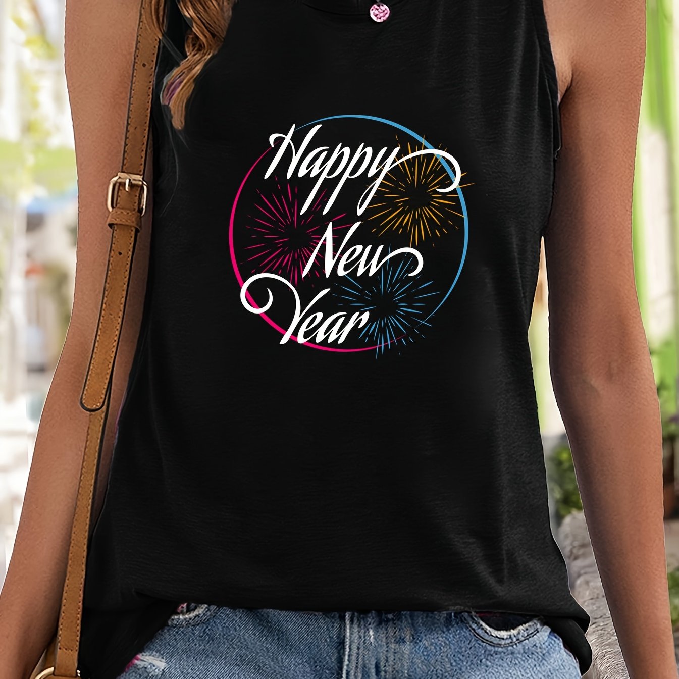 Firework & Letter Print Sleeveless Sports Vest Round Neck Stretchy Casual Tops
