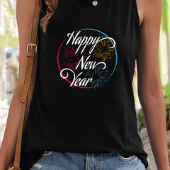 Firework & Letter Print Sleeveless Sports Vest Round Neck Stretchy Casual Tops