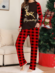 Christmas Pajamas Set Women's Geo Elk & Letter Print Tee & Plaid Pants