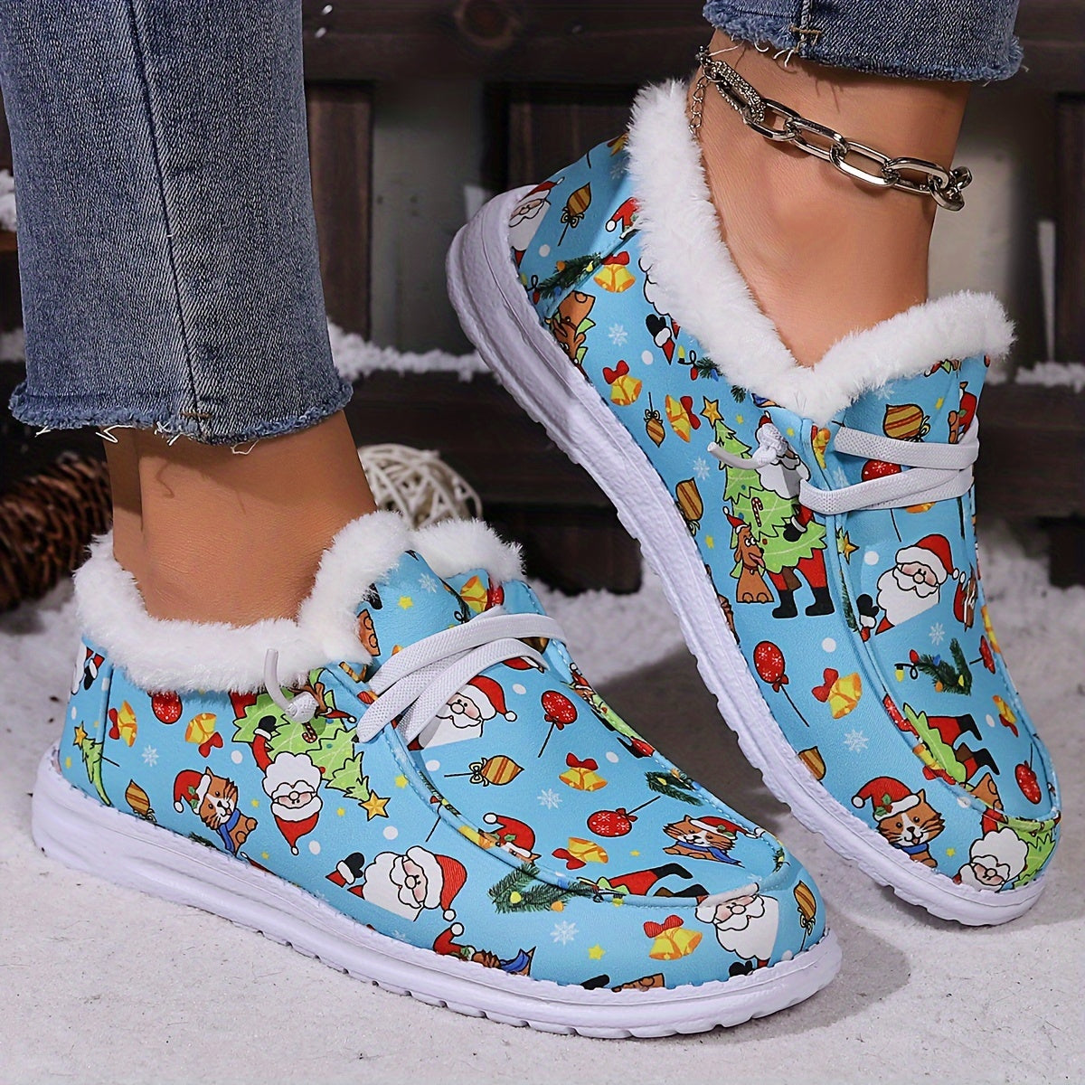 Christmas Snow Boots Santa Claus Kitten Pattern Plush Comfort Flats