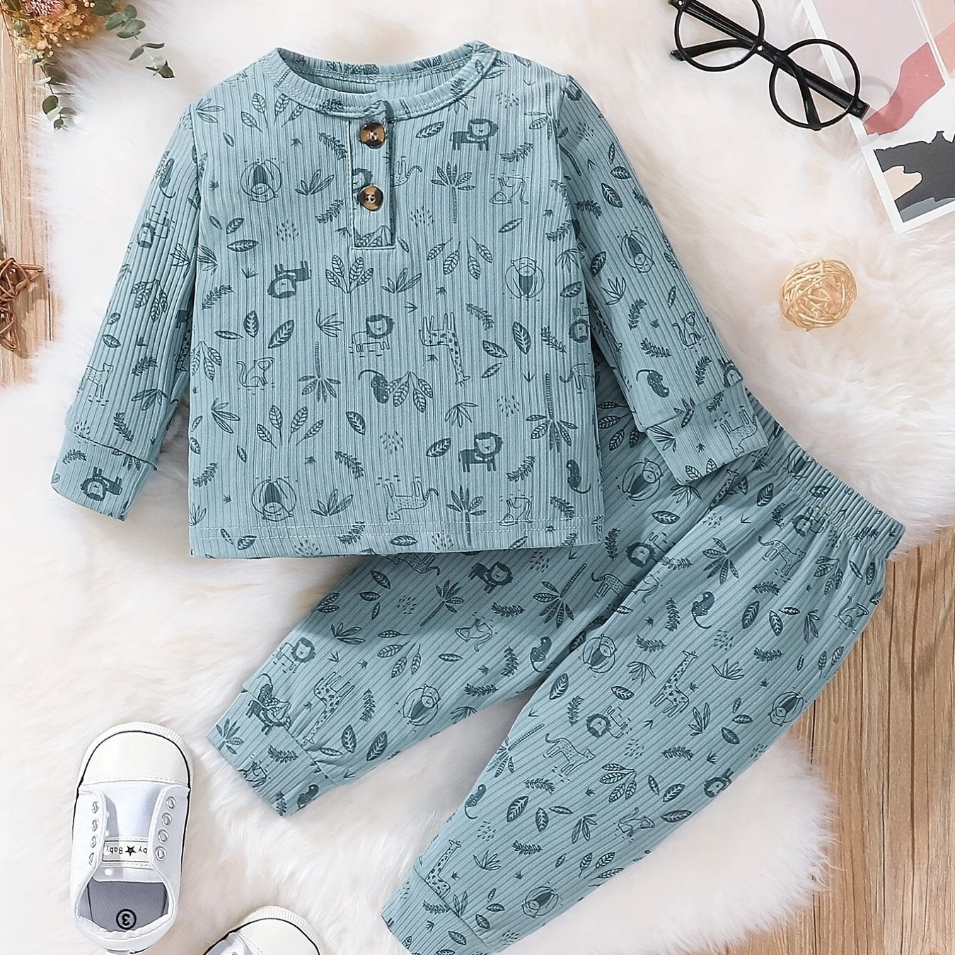 Baby Boys Cartoon Print Top & Trousers 2pcs Round Neck Button Casual Clothes