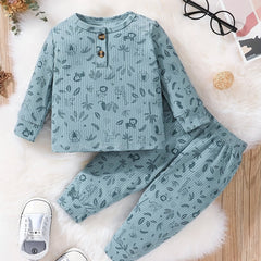Baby Boys Cartoon Print Top & Trousers 2pcs Round Neck Button Casual Clothes
