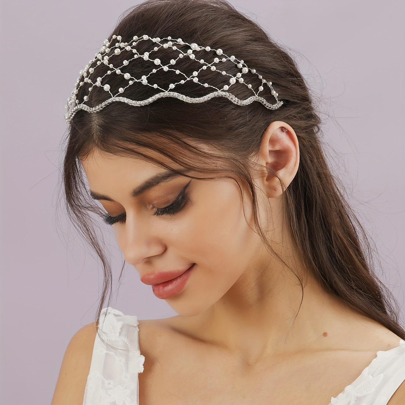 Bridal Headband Mesh Faux Pearl Crystal Headpiece Wedding Hair Accessories