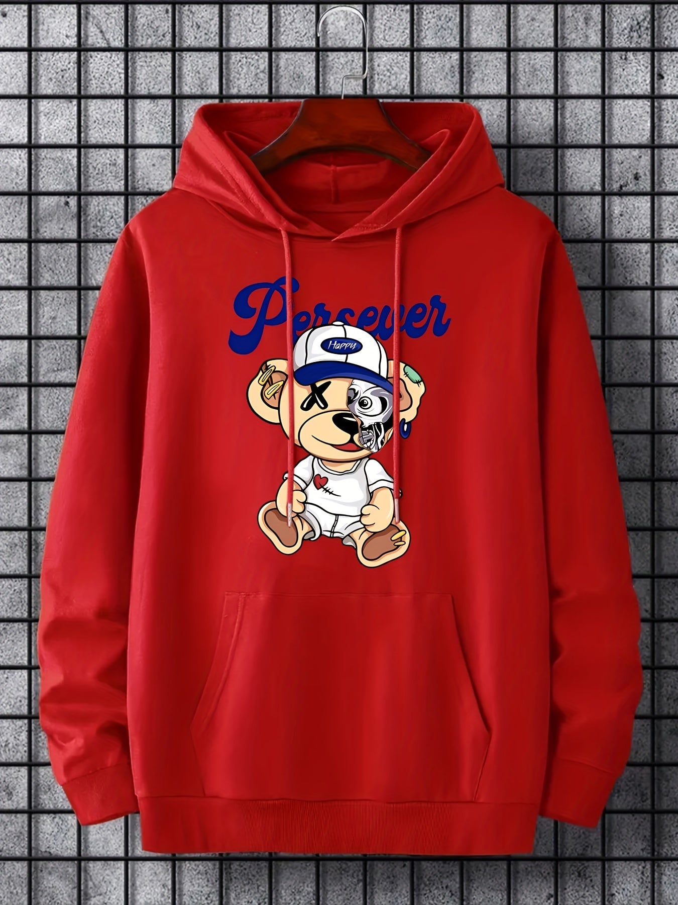 Teddy Bear Print Hoodie Men's Casual Pullover Hooded Sweatshirt