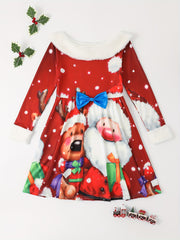 Santa & Reindeer Graphic Christmas Dress Girls