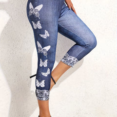Butterfly Print Cropped Jeggings Skinny High Waist Leggings