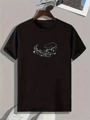 Music Note Print Men's Comfy T shirt Active Slightly Stretch