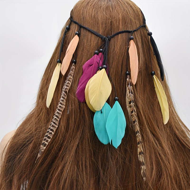Boho Retro Faux Feather Hair Rope Peacock Feather Headband