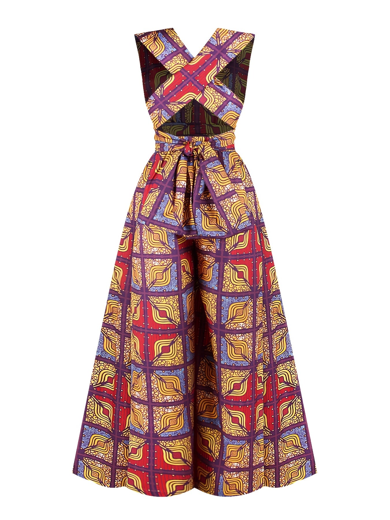 Boho Sleeveless Wide Leg Jumpsuit, Slim Waist, Long Length