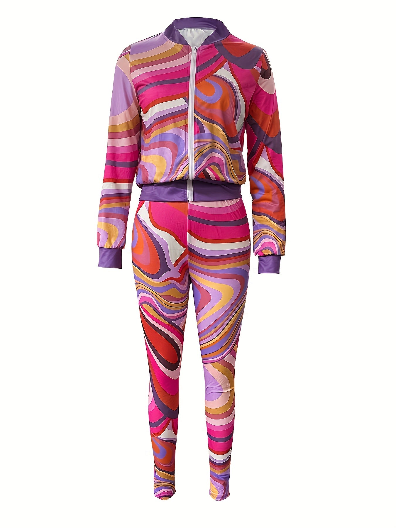 Women's Plus Print Long Sleeve Stand Collar Zipper Jacket & Pants Two Piece Set