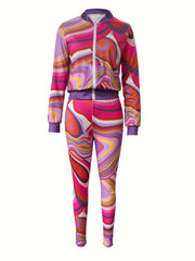 Women's Plus Print Long Sleeve Stand Collar Zipper Jacket & Pants Two Piece Set