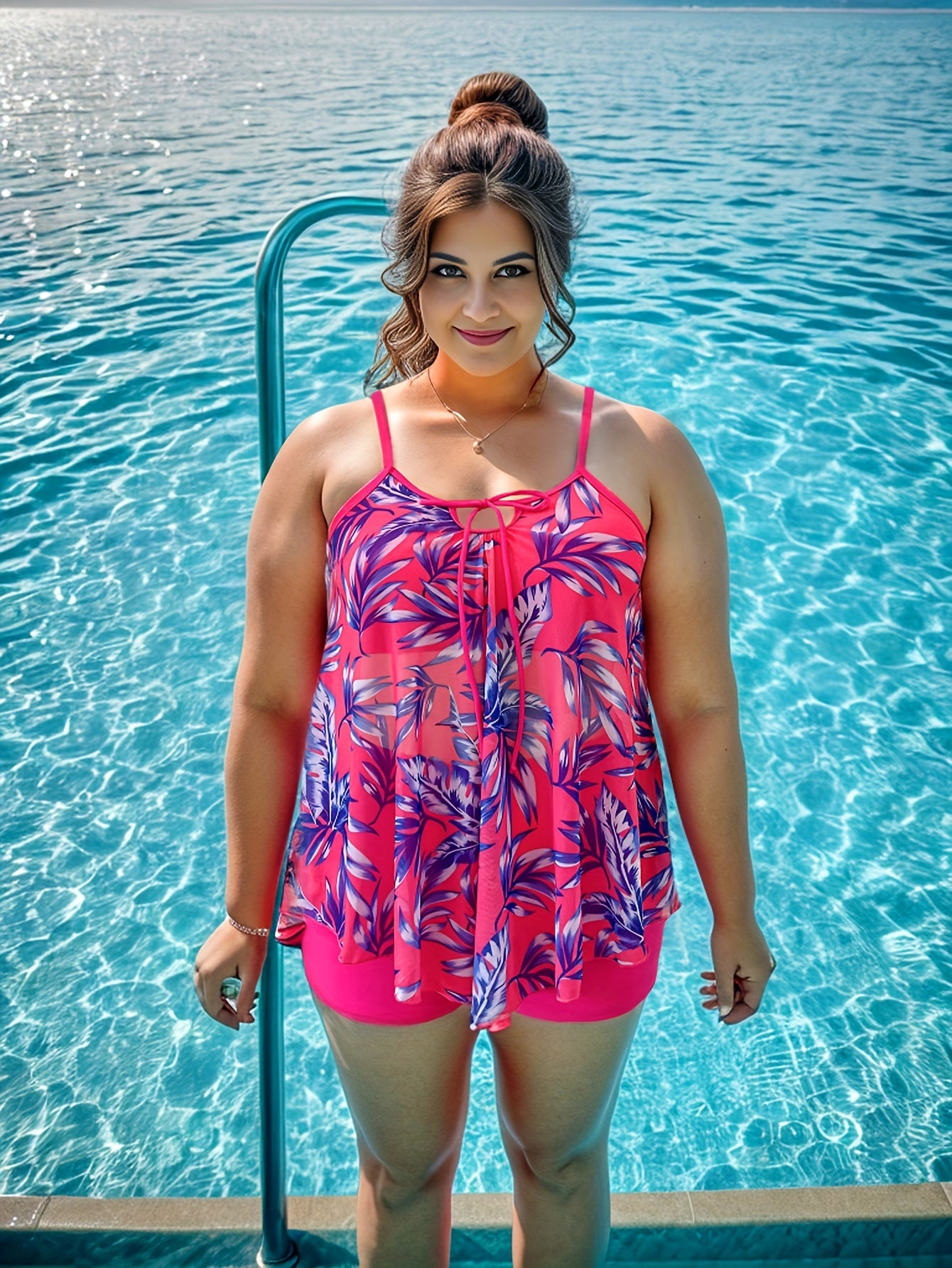 Leaf Print Tie Front Tankini Set