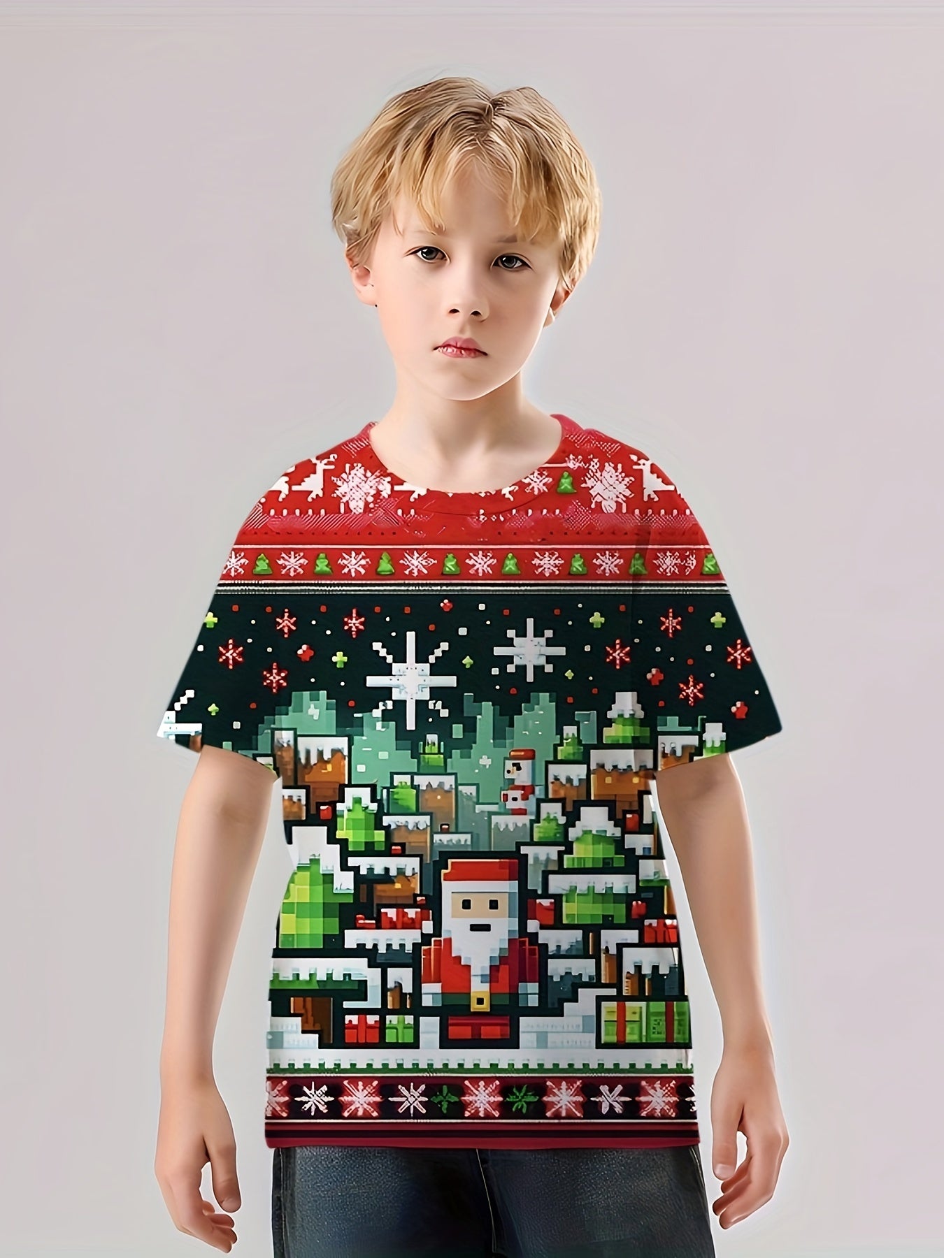 Pixel Christmas Print Boy's Tees Short Sleeve Crew Neck Comfy T-shirt