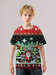 Pixel Christmas Print Boy's Tees Short Sleeve Crew Neck Comfy T-shirt